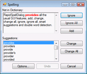 GUI showing words being checked with suggested corrections